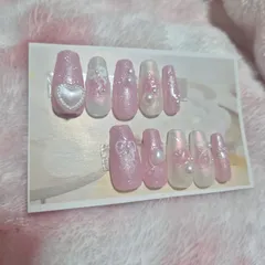 【かわいい】ピンクネイル ネイルチップ ゆるふわ リボン