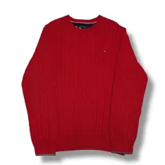 Tommy Hilfiger コットン ケーブル ラウンドネック レッド ニット