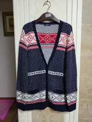 0201)イランド BRENN パータン ニット カーディガン ネイビー/レッド