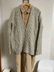 グレー ケーブル編み オーバーサイズ ニットカーディガン 77-99