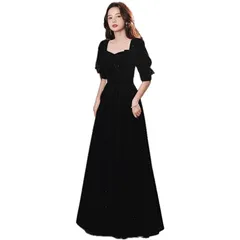 [EightSTAR Dress] パーティードレス ロング丈 イブニングドレス ピアノ発表会 演奏会 黒 大人 フォーマルドレス マキシ パフスリーブ 五分袖 Aライン 20代 30代 (S, ブラック)