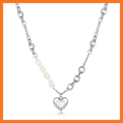 【新品】 [Rockyu] ネックレス レディース シルバー ハートペンダント 天然淡水パール ステンレス 銅製チェーン カジュアル プレゼント用 アクセサリー 母の日ギフト 0
