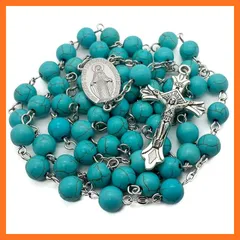 【新品】 Nazareth Store ターコイズマーブルビーズ ロザリオ カトリックネックレス 奇跡のメダル 十字架 シルバートーン ロザリオ ベルベットバッグ付き 1