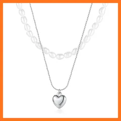 【新品】 [Deelfel] ハートネックレス シルバー レディース パール 二連チェーン 光面 真珠 心形ペンダント チタン製 金属アレルギー対応 友達 誕生日 記念日 パーティー ギフト ファッション アクセサリー