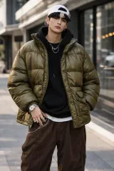 (ユニセックス) ZARA 光沢 オーバーサイズ フーディー ジップアップ ダウンコート オール オリーブ カラー