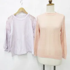 アースミュージック&エコロジー EARTH MUSIC & ECOLOGY ニット カットソー 2枚セット 長袖 七分袖 丸首 透かし編み レース ピンク オレンジ 紫 パープル M F