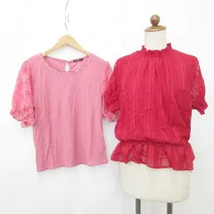 イング INGNI ブラウス カットソー 2枚セット 半袖 丸首 ハイネック ギャザー レース 装飾 リブ チェック 赤 レッド ピンク M