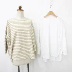 ビームスハート BEAMS HEART アースミュージックアンドエコロジー EARTH MUSIC ECOLOGY カットソー 2枚セット 長袖 ボートネック 丸首 ドロップショルダー ボーダー ベージュ 白 ホワイト F