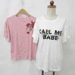 ストラディバリウス stradivarius Tシャツ カットソー 2枚セット 半袖 丸首 刺繍 文字 綿 ボーダー 白 赤 ホワイト レッド M