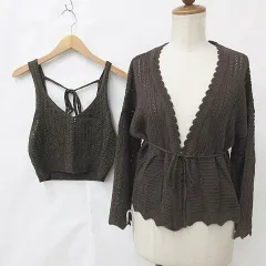 ジーユー GU ニット 2枚セット カーディガン 長袖 羽織 紐 レーシー ビスチェ メッシュ バックリボン 茶 ブラウン M