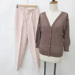 ジーユー GU カーディガン パンツ 2枚セット Vネック 7分袖 ニット 透かし編み テーパード ハイウエスト ロング 茶 ピンク ブラウン M