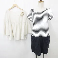 アナトリエ ANATELIER ワンピース ブラウス 2枚セット ひざ丈 半袖 クルーネック 異素材切替 ボーダー 無地 七分袖 リボン フレアー コサージュ ベージュ 紺 ネイビー 2