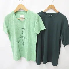 ダルク DALUC Tシャツ 2枚セット Vネック 半袖 プリント イラスト 丸首 緑 グリーン L ■FF