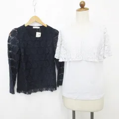 アースミュージック&エコロジー EARTH MUSIC ECOLOGY カットソー 2枚セット プルオーバー  半袖 レース ケープ Vネック 長袖 丸首 ブルー 紺 ネイビー F S