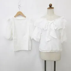 ティティーアンドコー TITTY CO ブラウス カットソー 2枚セット プルオーバー オフショルダー 五分袖 フリル リボン 別布 ボリューム袖 白 オフホワイト F