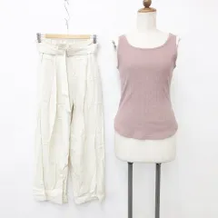 ジーユー GU パンツ タンクトップ 2枚セット ワイドパンツ ロング ベルト 丸首 Vネック 2WAY リネン 綿 白 ピンク ホワイト S