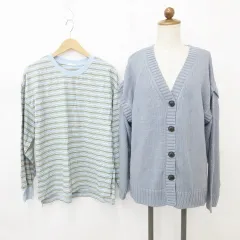 ジーユー GU カーディガン Tシャツ 2枚セット 長袖 ノースリーブ 2WAY 丸首 Vネック ニット ボーダー 青 ブルー M