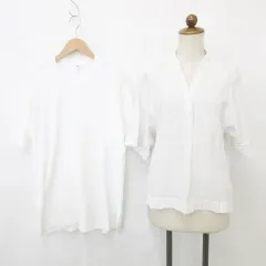 無印良品 良品計画 ユニクロ UNIQLO ブラウス Tシャツ 2枚セット 半袖 スキッパーカラー 丸首 ストライプ 綿 白 ベージュ ホワイト S