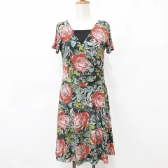 ブージュルード Bou Jeloud ワンピース 半袖 ひざ丈 花柄 総柄 インナー ブラック レッド グリーン イエロー 黒 赤 緑 黄 F