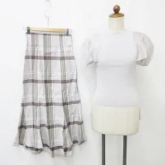 スナイデル SNIDEL ニット スカート 2点セット 半袖 丸首 ボリュームスリーブ マーメイド フレアー ロング チェック グレー 茶 ブラウン F 0