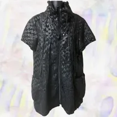 EST　エスト　ジャケット　ブラック　レディース　千鳥格子　ポケット　フロントジッパー　半袖　立ち襟　ジャンパー　重ね着