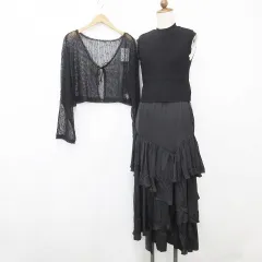 グレイル GRL ワンピース カーディガン 2枚セット セットアップ キャミワンピ ニットベスト ロング丈 ティアード 長袖 リボン 透かし編み 黒 ブラック M F