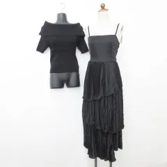 グレイル GRL ワンピース ニット 2枚セット キャミワンピ ティアード プリーツ ロング丈 リボン サテン 半袖 オフショル 黒 ブラック F