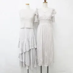 グレイル GRL ワンピース 2枚セット レース 半袖 フリル袖 セットアップ キャミワンピ ニットベスト ロング丈 ティアード ベージュ S