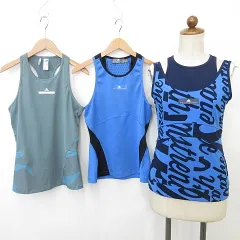 アディダス adidas ステラマッカートニー スポーツウエア マラソン ジョギング タンクトップ 3点セット レイヤー ブラ 切替 バイカラー プリント 紺 青 緑 黒 ブルー ネイビー グリーン ブラック OT