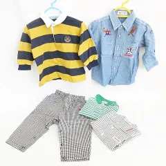 ミキハウス mikihouse シャツ ポロシャツ パンツ まとめ 5点セット 長袖 ダンガリ 刺繍 ストライプ ボーダー チェック 青 黒 白 緑 T80-G11 M