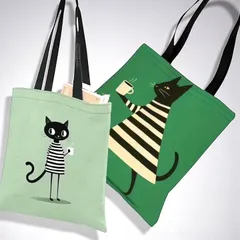 猫デザイン ２個セット エコバック 北欧風 プリントバッグ 黒猫 トートバック