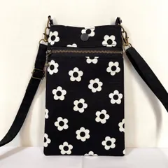 スマホポシェット  シンプルフラワーズ 黒 ショルダーストラップ付き