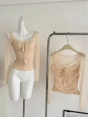 新品/予約購入 レースシャーリング長袖ブラウス シースルーシャツ