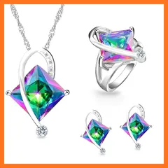 【新品】 [Uloveido] チャーム作成トパーズBigスクエアクリスタルネックレスMatchingスタッドイヤリングリングジュエリーセットt295 (Multi, 16)