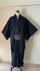 【男物ウールアンサンブル】メンズ・羽織・長着・羽織紐・Sカンの４点セット・裄66㎝