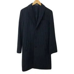 ティノラス MEN'S TENORAS コート ロング ショールカラー シングル ウール ストライプ 長袖 MEDIUM 紺 水色 ネイビー ライトブルー