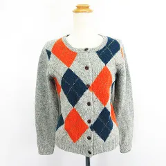 エヘカソポ サマンサモスモス ehka sopo SM2 ニット カーディガン 長袖 丸首 アーガイル柄 ウール M グレー×オレンジ×ネイビー ※EKM