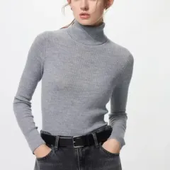 UNIQLO メリノ リブ ゴージ タートルネック セーター ニット グレー