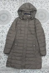 トミーヒルフィガー フード ロングダウンジャケット カーキ ブラウン S