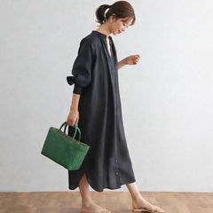 SLOBE IENA ボリュームスリーブリネンワンピースネイビー定価15,400