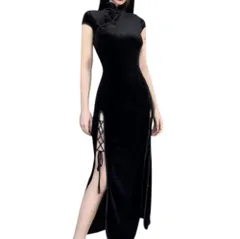 Lサイズ チャイナ服 黒 レディース チャイナドレス セクシー ベルベット調 スリット 撮影会用 パーティー用