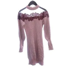 スナイデル SNIDEL ニット ワンピース ひざ丈 切替 チュール レース アンゴラ混 長袖 F ピンク /AU