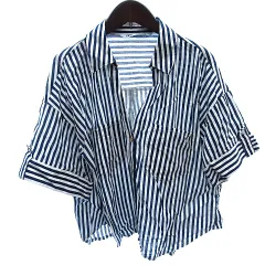 ザラ ZARA シャツ ブラウス スキッパーカラー ストライプ 麻 リネン 五分袖 M 紺 ネイビー /AU