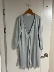 (日本 ヴィンテージ) カーディガン ロング丈 ニット 長袖 スカイ ブルー M