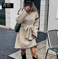 ニットチュニック ニット ロングセーター レディース 未使用 ニットワンピース ワンピース 暖かい セーター チュニック 長袖 無地 韓国風 ミディア丈 Ｖネック　膝丈ワンピース きれいめ 体型カバー 着痩せ