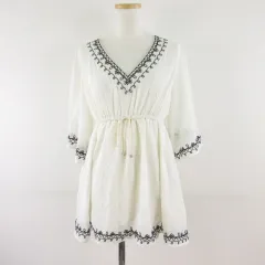 イング INGNI チュニック 七分袖 Vネック 刺繍 オフホワイト 白 M *T581