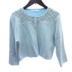 エフデ ef-de ニット カーディガン フェイクパール 七分袖 9 M 水色 ライトブルー /AU