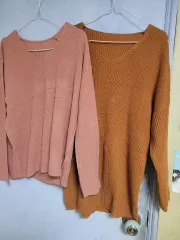 Vネック ニット 長袖 Tシャツ (ピンク/ブラウン)