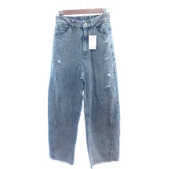 サマンサモスモス SM2 blue デニムパンツ ジーンズ ワイドテーパード イージー カットオフ ダメージ加工 F 水色 ライトブルー /AU