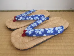 雪下草　手づくり・竹皮表の草履・ブルー花柄　室内履きにも快適　２３.０－２５.０ｃｍ　母の日にも